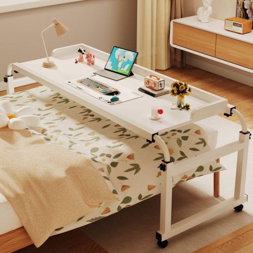 OverBed Table Adjustable Lazy Desk for Laptop File Cross Bed Sofa Convenient with Wheels in Bedroom Living Room