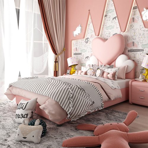 Leather Girl and Boys Modern Pink King Size Solid Wood Kids Bed Frame Room Furniture's Set Designed for Kids - Image 2