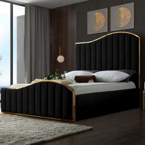 Royalty Velvet Upholstered Bed Stylish Rich Gold Trimming Metal Frame Headboard Footboard Bed - Image 2