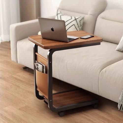 Corner Coffee Bedside Table with Wheels C Shape 2 Tiers End for Small Space in Living Room Rolling Storage Rack Shelf