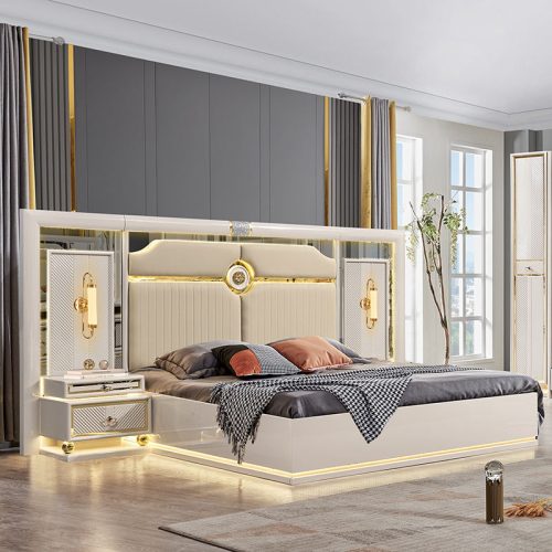 Contemporary Wood Frame Double King Size Leather Bed Home Suite Wooden Full Bedroom Furniture Set - Image 2