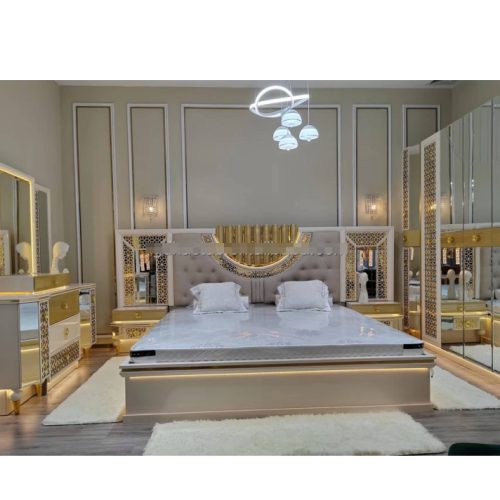 Super King Size 8 Doors Royal Luxury Bedroom Furniture Set High End Royal LED Lighted Mirrored Headboard