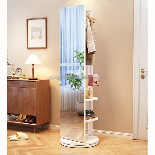 Rotating Wooden Full Length Mirror Storage Shelf with Coat Rack