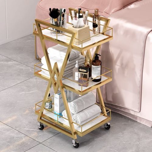 Rose Gold Manicure Trolley Rolling Barber Cart With Wheels Metal Frame High Quality Waterproof Furniture Wholesale