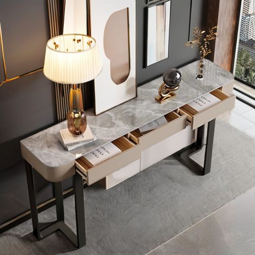 Italian Luxury Modern Narrow Wall Console Table All-In-One Entrance Cabinet Scenic Slate Finish Marble Stylish Living Room