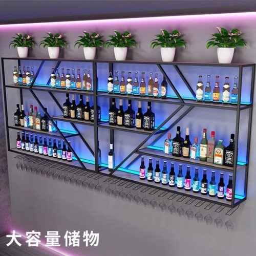 Modern Wood Panel Liquor Cabinet Iron Bar Wall Hanging Wine Rack with Luminous Shelf and Red Grape Beer Rack for Restaurant Use