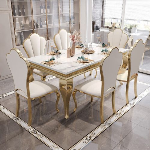 European Modern Dining Room Table 4 6 8 Chairs Seater Dining Table Set Luxury Gold Stainless Steel Marble Dining Table