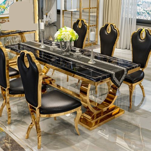 Foshan Furniture Marble Dining Table Set Restaurant Gold Metal Luxury Dining Table with 6 Chairs for Sale DT004