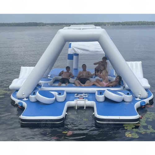 5x5m Size 6-8 Peoples Sports Island Lounger Inflatable Floating Platform Bed Inflatable Island With Sunshade & Solar Panels