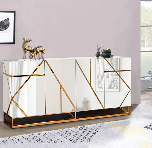 Wholesales Living Room Golden Stainless Steel Storage Buffet White Mirrored Sideboard 4 Doors Cabinet for Home Hotel