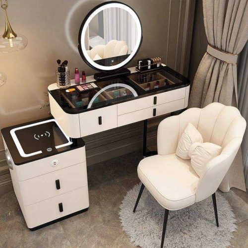 Modern Bedroom Furniture Multi Functional Wood Dresser Dressing Table With Led Lights Smart Mirror (Stool not included)