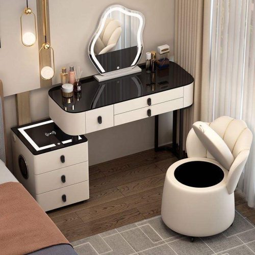 Solid Wood Bedroom Smart Home Multifunctional Dresser Scandinavian Black Tech Vanity With Round Chair Smart Mirror (Stool not included)