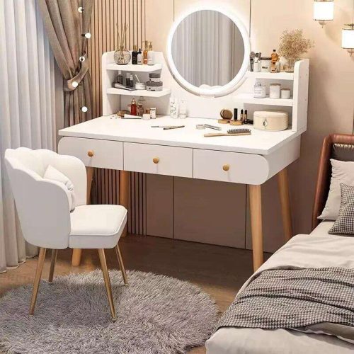 Simple Modern Small Storage Cabinet Wood Vanity Makeup Table With LED Mirror(Stool not included)