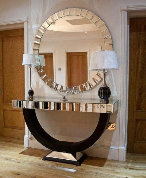 Hotel Mirrored Furniture Black Wooden Base Console Table With Wall Mirror