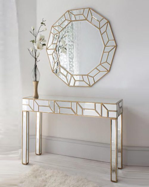 Geometria Gold Mirrored Console Table Round Mirror Set