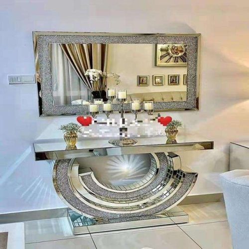 Sparkling Modern Luxury Crushed Diamond Mirrored Console Table with Wall Mirror Factory Direct Project Order Furniture