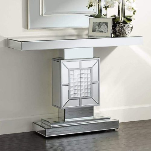 Modern Glam Mirrored Rectangular Console Table Ant Silver Mosaic Glass Inset for Spaces Living Room Home Entryway Bedroom Office