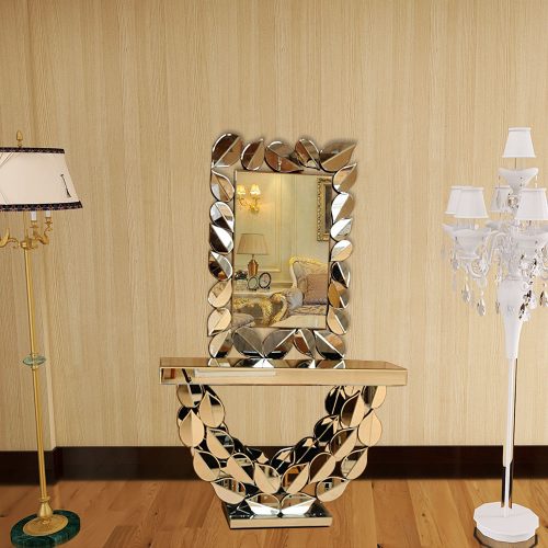 Glass Gold Leaf Living Room Console Tables Hotel Entry Hallway Table With Sparkly Diamond Wall Mirror