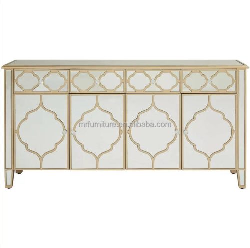 Antique Mirror Furniture Champagne Living Room Cabinets 4 Doors 4 Drawers Sideboards for Dining Room