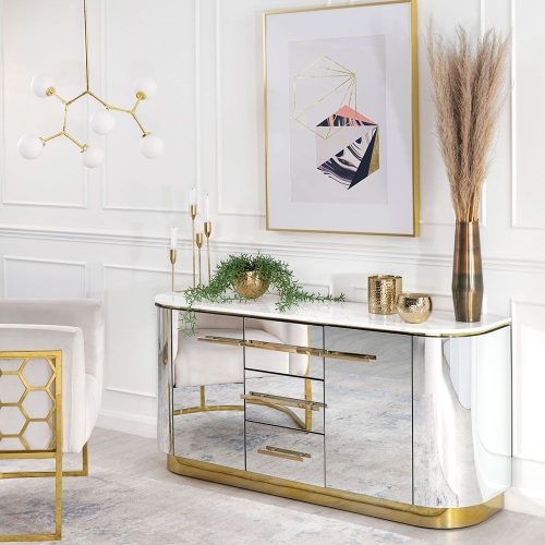 Contemporary Living Room Curved Shape Glass Cabinet Consoles Brass Base 3 Drawers Sideboard with Marble Top for Home Office