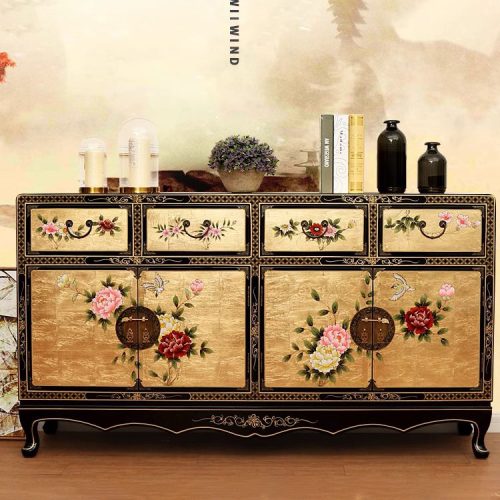 Gold Leaf Sideboard Painted Cabinet Living Room Dining Room Porch Cabinet Solid Wood Console Tables Vintage  120*40*90cm