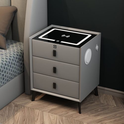 Hot Modern Smart Bedside Table Luxury Multi-functional White Wood Nightstand with 3 Drawers Fingerprint Lock Wireless Charging  30*40*61cm - Image 2