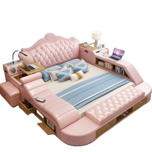 Leather Double Bed Multifunctional Storage Smart Bed with Massage Function - Image 2