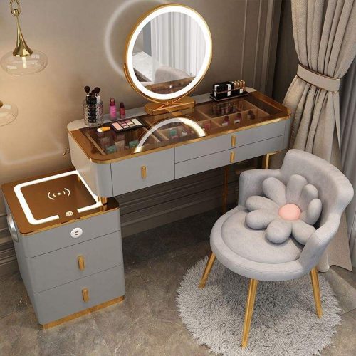 Modern Bedroom Furniture Multi Functional Wood Dresser Dressing Table With Led Lights Smart Mirror (Stool not included) - Image 2