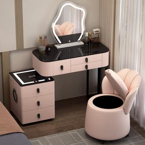 Solid Wood Bedroom Smart Home Multifunctional Dresser Scandinavian Black Tech Vanity With Round Chair Smart Mirror (Stool not included) - Image 2