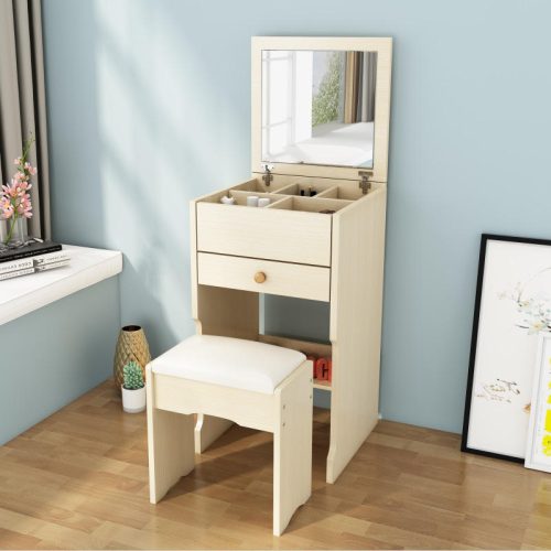 New Small Apartment Makeup Table Bedroom Minimalist Dressing Table Set Wood Dresser Set With Stool - Image 2