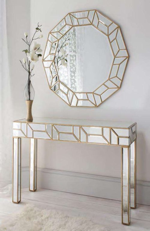 Geometria Gold Mirrored Console Table Round Mirror Set - Image 2