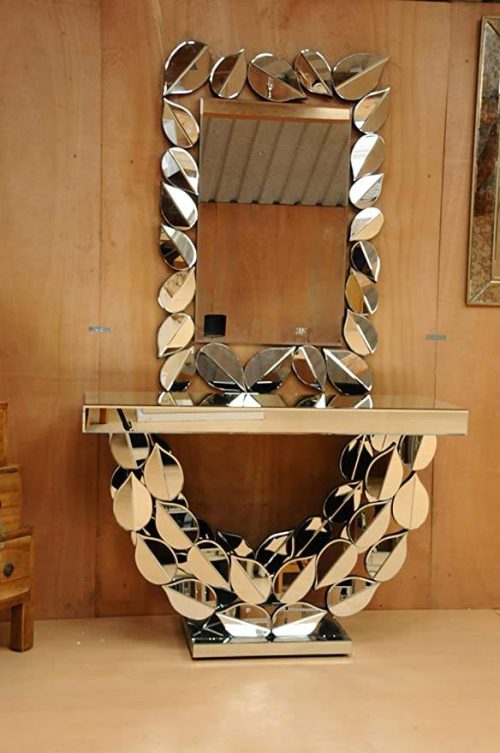 Glass Gold Leaf Living Room Console Tables Hotel Entry Hallway Table With Sparkly Diamond Wall Mirror - Image 2