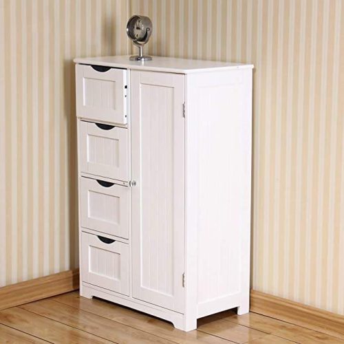 Wooden Floor Cabinet Storage Organizer Cabinet with 4 Drawers and 1 Door for Bathroom Entryway Home Office 22x12x32 Inch