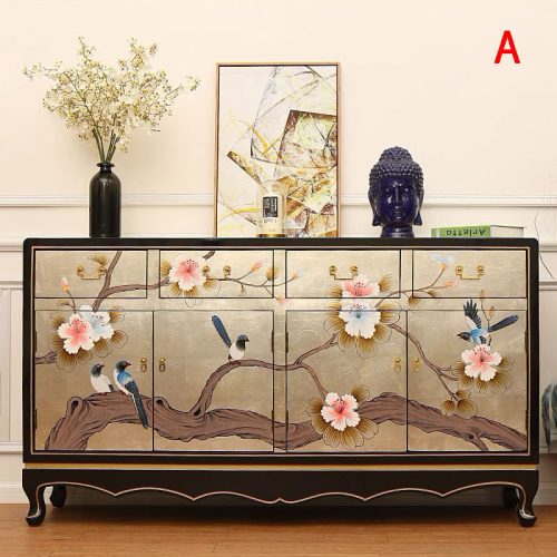 Gold Leaf Sideboard Painted Cabinet Living Room Dining Room Porch Cabinet Solid Wood Console Tables Vintage  120*40*90cm - Image 2