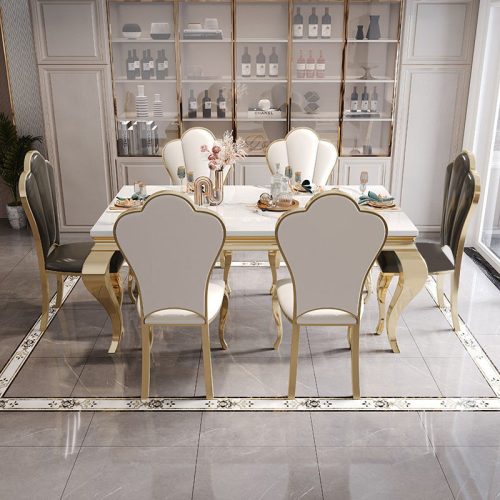 European Modern Dining Room Table 4 6 8 Chairs Seater Dining Table Set Luxury Gold Stainless Steel Marble Dining Table - Image 2