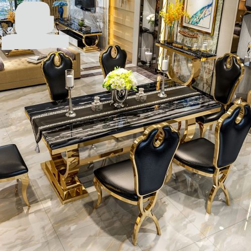 Foshan Furniture Marble Dining Table Set Restaurant Gold Metal Luxury Dining Table with 6 Chairs for Sale DT004 - Image 2