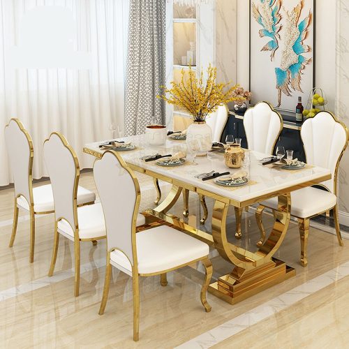 Foshan Furniture Marble Dining Table Set Restaurant Gold Metal Luxury Dining Table with 6 Chairs for Sale DT004 - Image 3