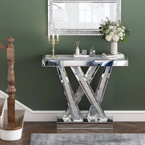 Living Room Mirrored Furniture Crushed Diamond W Shape Glass Mirrored Console Table for Hallway Villa - Image 3