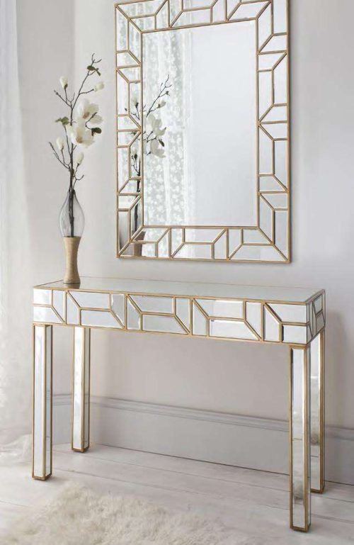 Geometria Gold Mirrored Console Table Round Mirror Set - Image 3