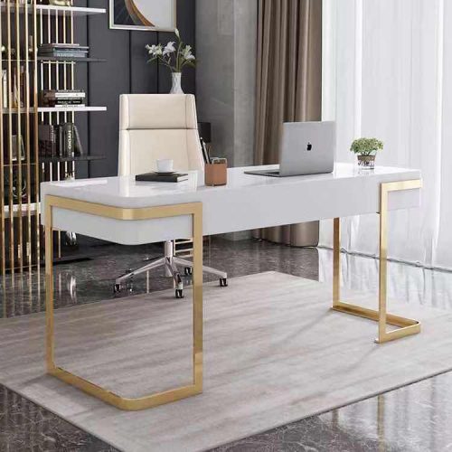 High Glossy White Wood Painting Stainless Steel Base Writing Desk Luxury Modern Console Table Furniture (Chair not included) - Image 3