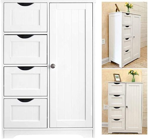 Wooden Floor Cabinet Storage Organizer Cabinet with 4 Drawers and 1 Door for Bathroom Entryway Home Office 22x12x32 Inch - Image 4