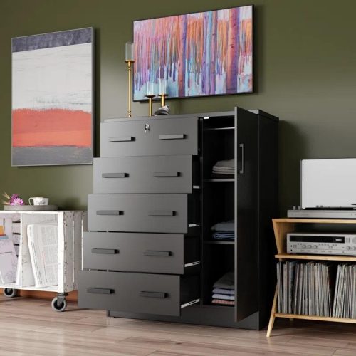 Modern Luxury Black Wooden MDF Tallboy Solid Wood Chest Drawers Dresser Wood Luxury Modern Classic Chest Vanity Makeup With Door - Image 3