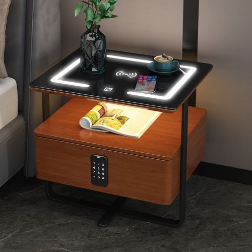 Bedroom Furniture Modern Wooden Smart Nightstand with Charging Station and Password Lock Smart Bedside Table - Image 3