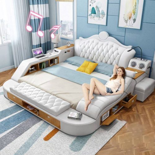 Leather Double Bed Multifunctional Storage Smart Bed with Massage Function - Image 3