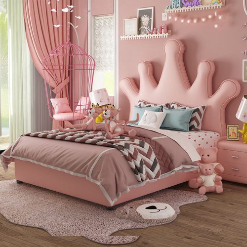 Leather Girl and Boys Modern Pink King Size Solid Wood Kids Bed Frame Room Furniture's Set Designed for Kids