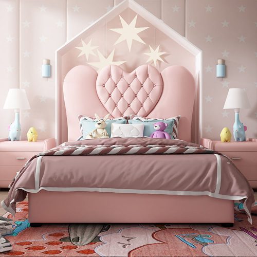 Leather Luxury Girl and Boys Modern Storage Pink Double Solid Wood Kids Bed Frame Room Furniture Set - Image 4