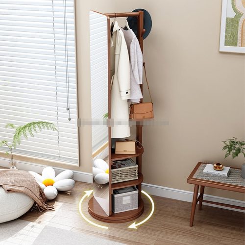 Rotating Wooden Full Length Mirror Storage Shelf with Coat Rack - Image 4