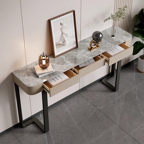 Italian Luxury Modern Narrow Wall Console Table All-In-One Entrance Cabinet Scenic Slate Finish Marble Stylish Living Room - Image 4