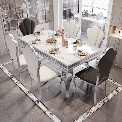 European Modern Dining Room Table 4 6 8 Chairs Seater Dining Table Set Luxury Gold Stainless Steel Marble Dining Table - Image 4