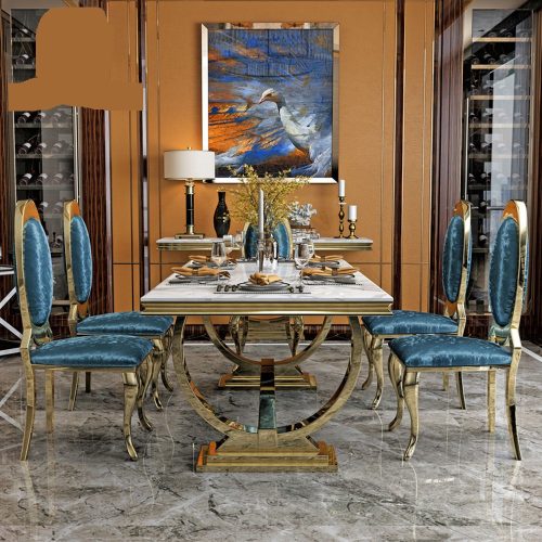 Foshan Furniture Marble Dining Table Set Restaurant Gold Metal Luxury Dining Table with 6 Chairs for Sale DT004 - Image 4